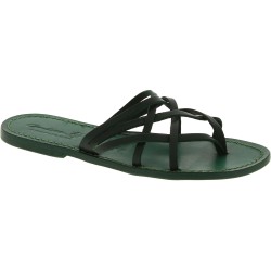 Verde a mano tiras de cuero para mujer diapositivas tangas y suela de cuero