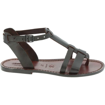 Braune flache Ledersandalen für Damen in Italien von Hand gefertigt