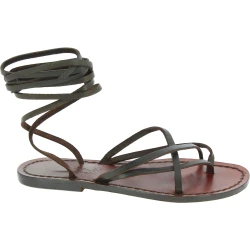 Damen-Riemchen-Sandalen aus dunkelbraunem Leder in Italien von Handgefertigt