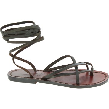 Womens tiras de cuero hecho a mano en Italia sandalias en cuero marrón oscuro