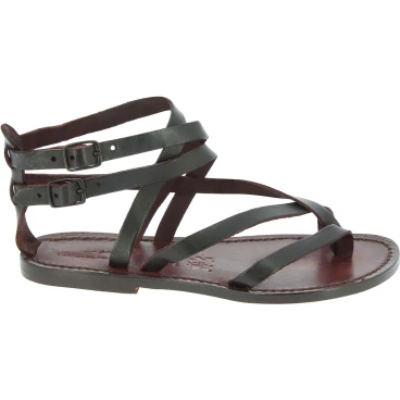 Handmade womens flat sandals in dark brown leather