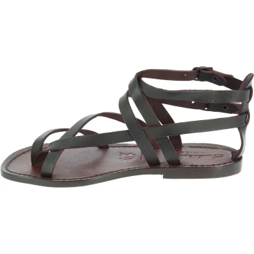 Handmade womens flat sandals in dark brown leather