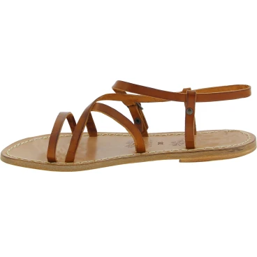 Women's tan leather flat sandals handmade in Italy