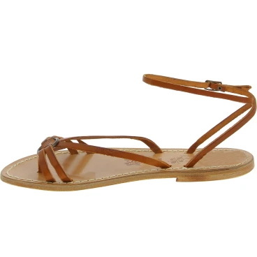 Sandali infradito in pelle color cuoio da donna fatti a mano