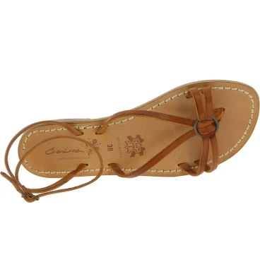 Sandali infradito in pelle color cuoio da donna fatti a mano