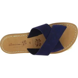 Sandalias de cuero nobuck azul para mujeres hecho a mano