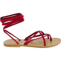 Sandalias de tiras de nubuk rojo para mujeres hechas a mano en Italia