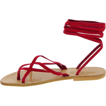 Red nubuck flat strappy sandals for women handmade in Italy