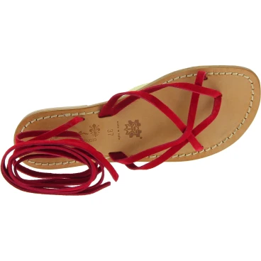 Red nubuck flat strappy sandals for women handmade in Italy