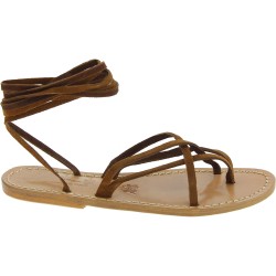 Sandalias de tiras de nubuk avellana para mujeres hechas a mano en Italia