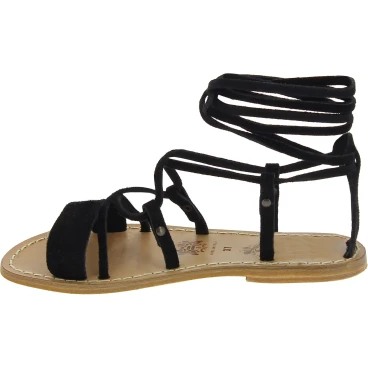 Handmade lace-up gladiator sandals in black nubuck leather