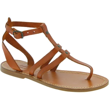 Damen-Riemchen-Sandalen aus hellbraunes Leder