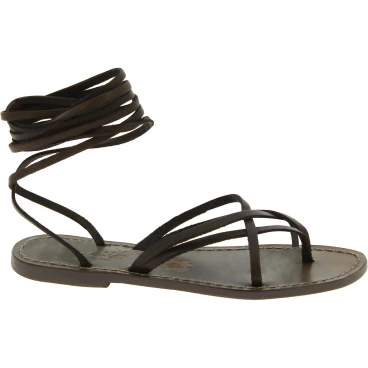 Flat strappy leather sandals mud color handmade in Italy