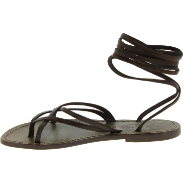 Flat strappy leather sandals mud color handmade in Italy