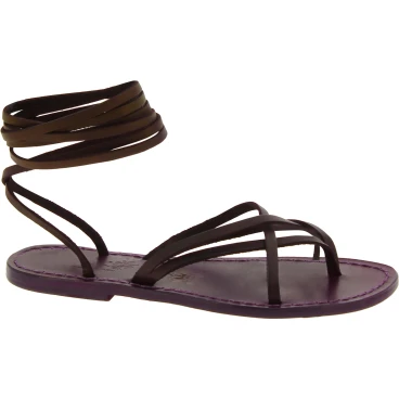 Flat strappy leather sandals violet color handmade in Italy
