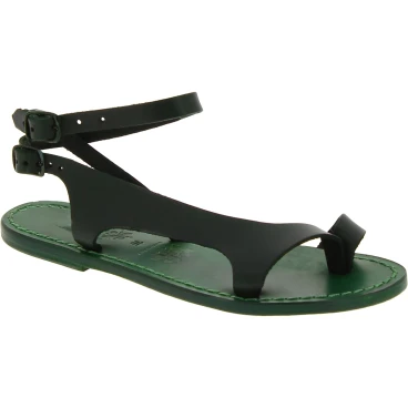 Riemchen-Sandalen für Damen aus grüne Leder in Italien von Handgefertigt