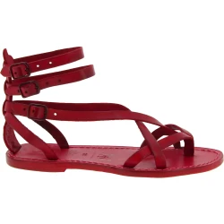 Sandalias de tiras de cuero rojo para mujeres hechos a mano