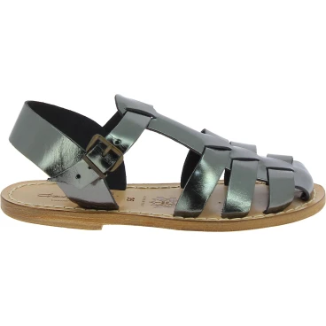 Titanfarbene Damen-Sandalen aus echtem Leder in Italien von Handgefertigt
