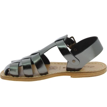 Titanfarbene Damen-Sandalen aus echtem Leder in Italien von Handgefertigt