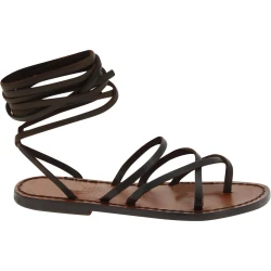 Sandalias tiras de cuero marrón oscuro mujeres hechas a mano en Italia