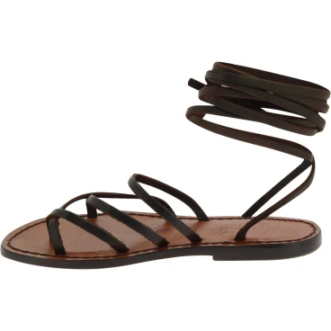 Women's dark brown strappy leather sandals handmade in Italy