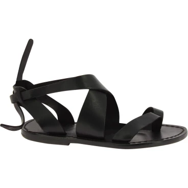 Damen Sandalen aus Schwarz Leder flach in Italien von Handgefertigt