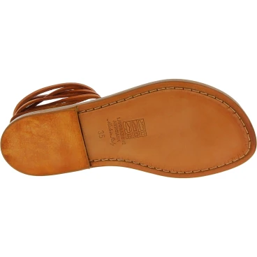 Women's brown leather flat strappy sandals handmade in Italy