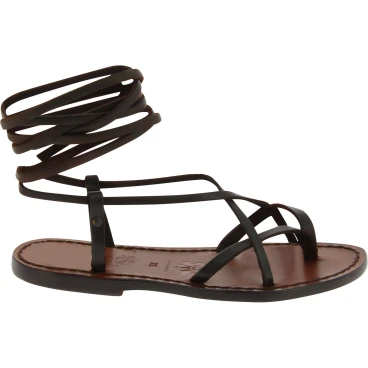 Dark brown leather flat strappy sandals handmade in Italy