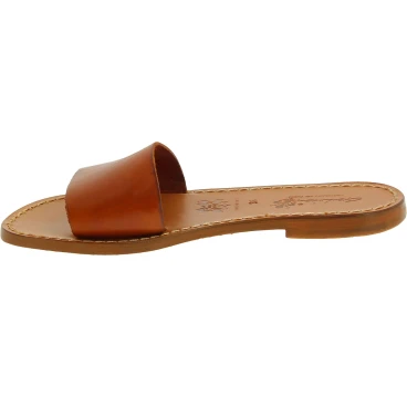 Women's leather slide sandals in tan leather handmade