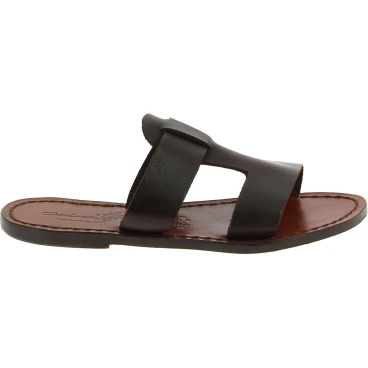 Women's leather slide sandals in dark brown leather handmade