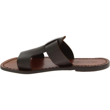 Women's leather slide sandals in dark brown leather handmade