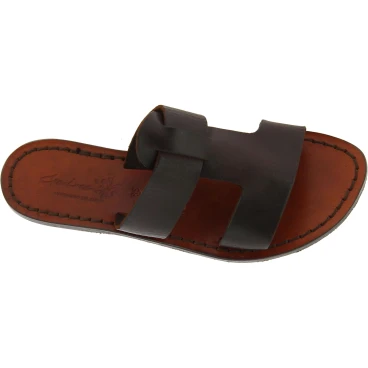 Women's leather slide sandals in dark brown leather handmade