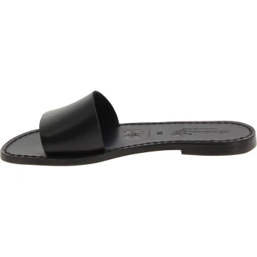 Women's leather slides sandals in black leather handmade
