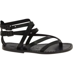 Flache Handgefertigte Damen-Sandalen mit Riemchen aus Schwarzen Leder