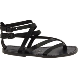 Sandalias de tiras planas para mujer en cuero negro hechas a mano