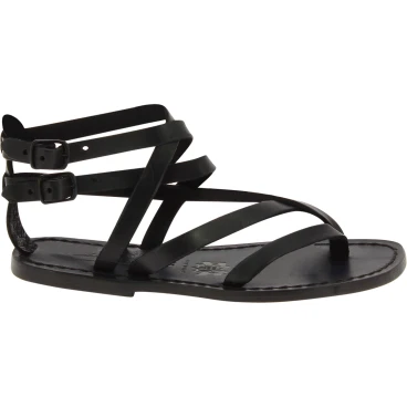 Handmade women's flat sandals in black leather