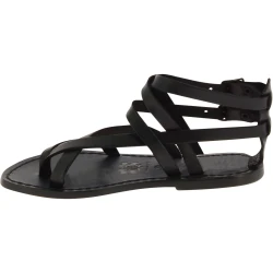 Flache Handgefertigte Damen-Sandalen mit Riemchen aus Schwarzen Leder