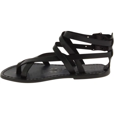 Handmade women's flat sandals in black leather