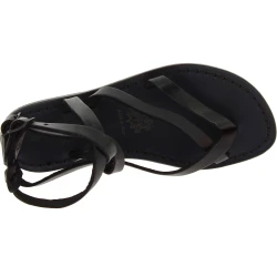 Flache Handgefertigte Damen-Sandalen mit Riemchen aus Schwarzen Leder
