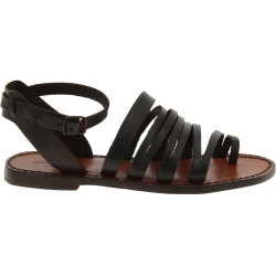 Damen-Riemchen-Sandalen aus Dunkelbraunem Leder in Italien von Handgefertigt