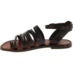Sandales tong pour femme en cuir marron foncé travaillé à la main