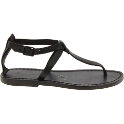 Handgefertigte Damen-Sandalen mit T-Steg aus schwarzem Leder