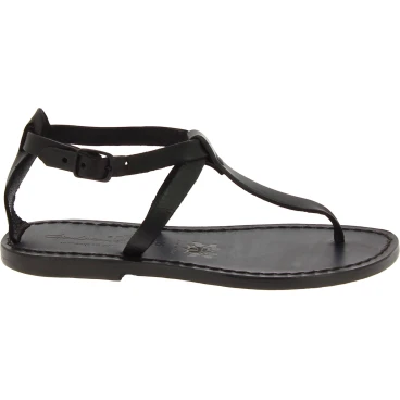 Sandalias de tiras de cuero negro para mujer artesanales