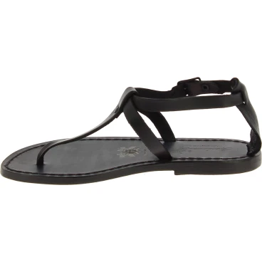 Handgefertigte Damen-Sandalen mit T-Steg aus schwarzem Leder