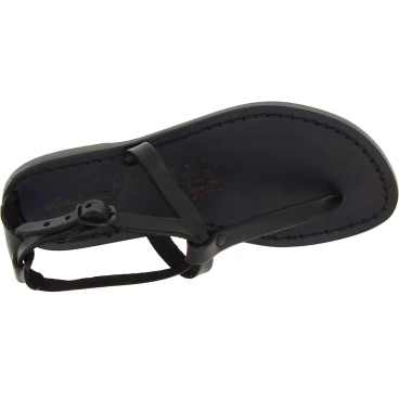 Handgefertigte Damen-Sandalen mit T-Steg aus schwarzem Leder