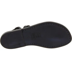 Handmade t-strap black leather flat sandals for women