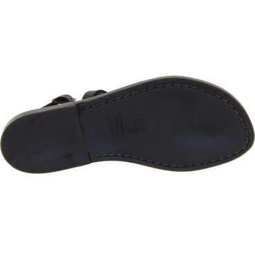 Handgefertigte Damen-Sandalen mit T-Steg aus schwarzem Leder