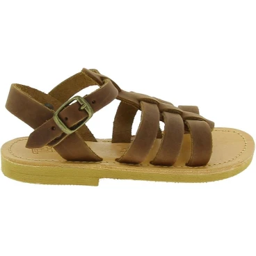 Attica Persephone child gladiator sandals in brown nubuck with buckle closure handmade in Greece