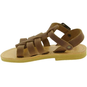 Attica Persephone child gladiator sandals in brown nubuck with buckle closure handmade in Greece