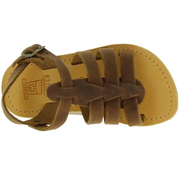 Attica Persephone child gladiator sandals in brown nubuck with buckle closure handmade in Greece